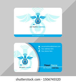 Aviation name card template vector for pilot and air traffic controller. This flight company business template include tower icon, controller, and other aviation icon and illustration. 