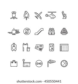 Aviation outline vector icons set. Air travel concept icon and illustration baggage and detector metal for air travel