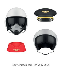 Aviation pilot hats and protective helmet airplane headdress set realistic vector illustration. Aviator professional workers headwear fly transport head uniform for airline assistant and military army