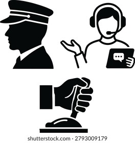Aviation and pilot icon set, captain avatar with customer support and throttle lever silhouettes