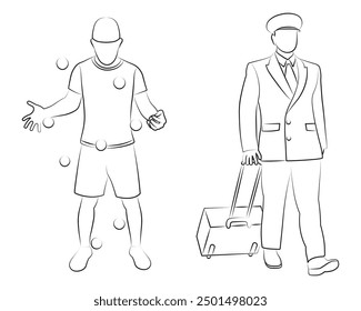 Aviation pilot, juggler, silhouette sketch. Profession, work, hobby 
