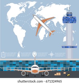 Aviation poster with jet airplane in airport. Commercial air shipment, fast freight delivery, global cargo transportation. Worldwide tourist and business flights, low cost airline vector illustration.