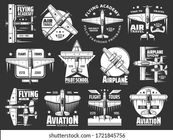 Aviation school and academy icons, aircraft and airplane, pilots and flight aviators vector retro badges. Air travel and flight training school, civil and military aviation propeller airplane show