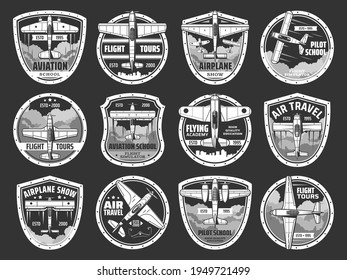 Aviation school and air tours icons set. Professional pilots academy, and airplane travels emblem or badges. Vintage aircraft, retro propeller biplane and monoplane flying in sky vector