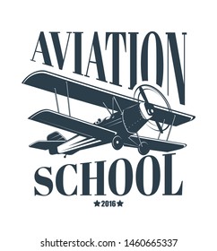 Aviation school logo with flying airplane, retro style vector illustration