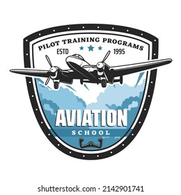 Aviation school, pilots training program and airplane aviators vector icon. Airline and civil aviation flights education, aircraft pilots training or pilots academy and avia instructor courses