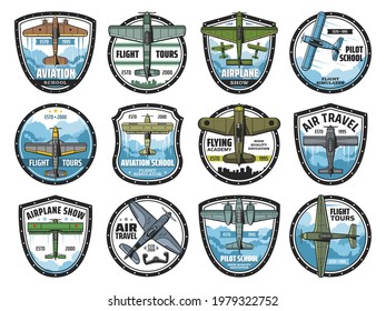 Aviation school vector icons. Vintage planes with propellers flying in sky, airplane pilot training, tours and commercial flights. Airplane show, educational courses, air trips or fliers academy