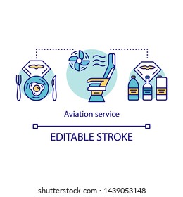 Aviation service and amenities concept icon. Flight breakfast, drinks idea thin line illustration. Airplane seat. Plane conditioning system. Vector isolated outline drawing. Editable stroke