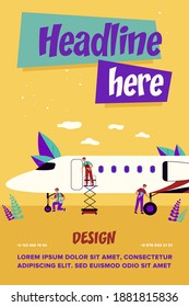 Aviation service team working on airplane. Men in overalls doing mechanic and repair works with plane. Vector illustration for hangar, aircraft maintenance concept