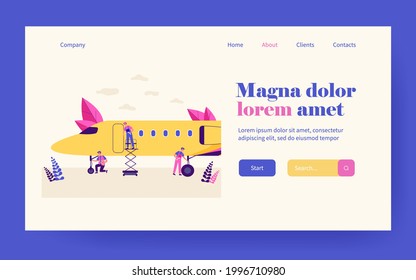 Aviation service team working on airplane. Men in overalls doing mechanic and repair works with plane. Vector illustration for hangar, aircraft maintenance concept