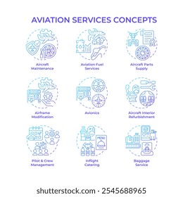 Aviation Services blaue Farbverlauf-Konzept-Symbole. Flugmanagement, Avionik. Ausbildung der Besatzung, Zertifizierung. Symbolpaket. Vektorbilder. Runde Illustrationen für Infografiken. Abstrakte Idee