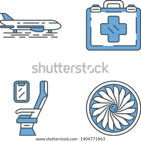 Aviation services color icons set. Plane on ground. Airplane comfortable seating, first aid kit, jet turbine. Aircraft travel. Journey amenity. Airline facilities. Isolated vector illustrations