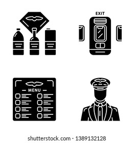Aviation services glyph icons set. Flight menu and drinks, pilot, jet safeness, emergency exit. Aircraft travel. Journey amenity. Airline facilities. Silhouette symbols. Vector isolated illustration