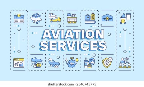 Conceito de palavra azul clara dos serviços de aviação. Manutenção de aeronaves, fbo. Sistema aviônico, engenharia. Banner da tipografia. Ilustração vetorial com texto de título