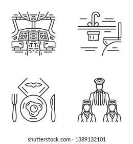 Aviation services linear icons set. Aircrew, airplane toilet, flight breakfast, pilot cockpit. Aircraft travel staff. Thin line contour symbols. Isolated vector outline illustrations. Editable stroke