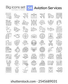 Conjunto de iconos lineales de servicios de aviación. Administración de aeronaves, aviónica. Transporte, viajar. Vuelo comercial. Símbolos de línea delgada personalizables. Ilustraciones de contorno de Vector aislado. Trazo editable