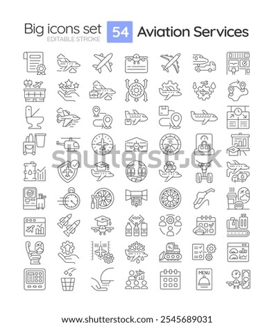 Aviation services linear icons set. Aircraft management, avionics. Transportation, travelling. Commercial flight. Customizable thin line symbols. Isolated vector outline illustrations. Editable stroke