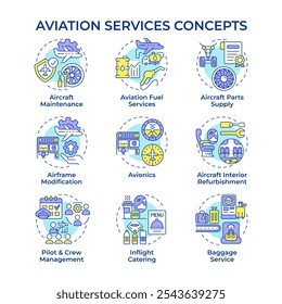 Luftfahrt-Services mehrfarbige Konzept-Symbole. Flugmanagement, Avionik. Ausbildung der Besatzung, Zertifizierung. Symbolpaket. Vektorbilder. Runde Illustrationen für Infografiken. Abstrakte Idee