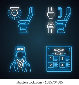 Aviation services neon light icons set. Flight rules, seat light, airplane comfortable seating, stewardess. Jet safeness. Aircraft travel. Airline. Glowing signs. Vector isolated illustrations