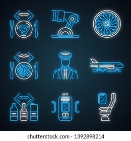 Aviation services neon light icons set. Pilot, airplane comfortable seating. Flight breakfast, lunch and drinks. Aircraft travel. Journey amenities. Glowing signs. Vector isolated illustrations