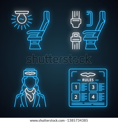 Aviation services neon light icons set. Flight rules, seat light, airplane comfortable seating, stewardess. Jet safeness. Aircraft travel. Airline. Glowing signs. Vector isolated illustrations