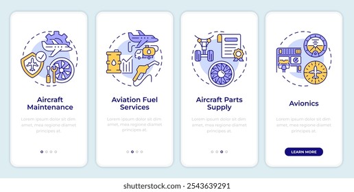 Servicios de aviación incorporando la pantalla del App móvil. Instrucciones gráficas editables de 4 pasos con conceptos lineales. PLANTILLA UI, UX, GUI