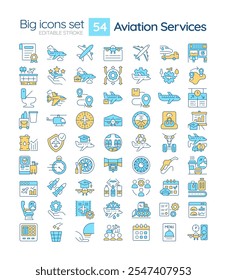 Aviation services RGB color icons set. Customer comfort, aircraft maintenance. Airline management. Isolated vector illustrations. Simple filled line drawings collection. Editable stroke