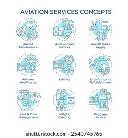 Aviation services soft blue concept icons. Airline management, avionics. Crew training, certification. Icon pack. Vector images. Round shape illustrations for infographic. Abstract idea