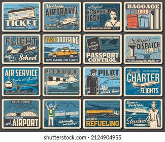 Aviation services vector, retro posters, ticket office, charter flights, airplane air travel, airport information desk, baggage check, pilot school and stewardess courses. Passport control or dispatch