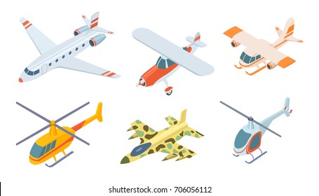 Aviation set icons isolated on white background. Detailed isometric airplanes, helicopters, air transportation, private jet and combat aircraft vector illustration