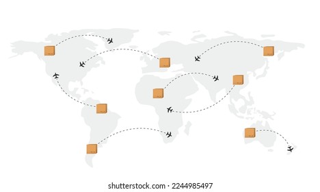 Aviation Shipping goods around the world. World travel map with airplanes, flight routes and pins marker. Vector illustration