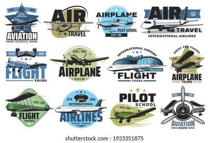 Aviation show and airline flight tours icons set. Airplane pilot school, airport flights and air travel emblem or badge. Modern aviation airliner and business jet, vintage biplane and monoplane vector