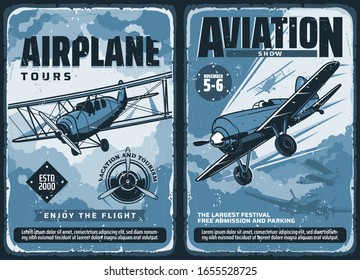 Aviation show, custom airplanes professional pilot flights festival, vector vintage retro posters. Civil aviation, military airforce and propeller airplane patriotic day aviators show