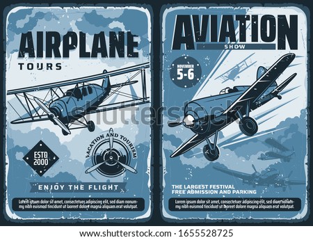 Aviation show, custom airplanes professional pilot flights festival, vector vintage retro posters. Civil aviation, military airforce and propeller airplane patriotic day aviators show