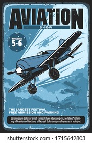 Aviation show, military airplane professional pilot flights festival, vector vintage retro poster. Civil aviation, military airforce and aviator custom propeller airplane, patriotic day show