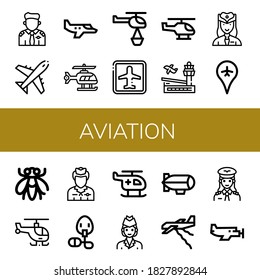 aviation simple icons set. Contains such icons as Pilot, Plane, Small plane, Helicopter, Airport, Hostess, Fly, Flight attendant, Oxygen mask, can be used for web, mobile and logo