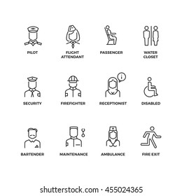 Aviation staff linear vector icons. Pilot, passenger, stewardess, security officer outline symbols. Illustration staff for aviation stewardess and nurse, Line set of icon for airport