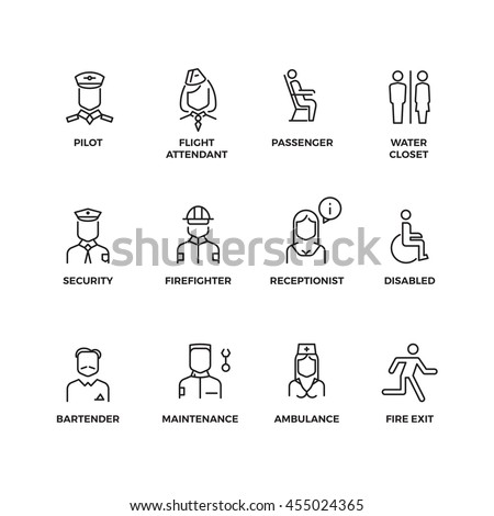 Aviation staff linear vector icons. Pilot, passenger, stewardess, security officer outline symbols. Illustration staff for aviation stewardess and nurse, Line set of icon for airport