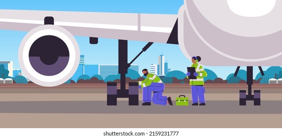 aviation supervisors mechanic and marshal in signal vests engineers checking aircraft landing gear wheel professional airport staff