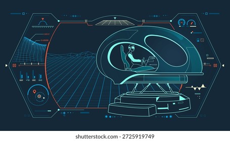 Flugtechnik oder Gaming-Technologie, ausgekleidete Grafik des Simulators mit Luftsteuerungs-Schnittstelle