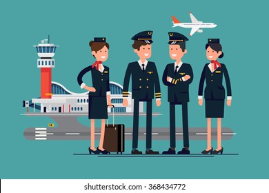 Aviation themed vector concept layout with aircrew characters such as pilots and stewardesses standing with airport and flying jet plane on background