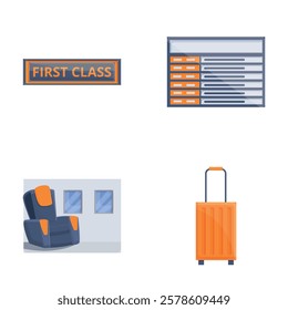 Aviation tourism icons set cartoon vector. Attribute of traveling by plane. Vacation, journey