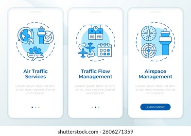 Aviation traffic management blue onboarding mobile app screen. Walkthrough 3 steps editable graphic instructions with linear concepts. UI, UX, GUI