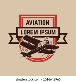 Aviation training center emblem template with retro airplane. Design element for logo, label, emblem, sign. Vector illustration