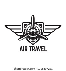 Aviation training center emblem template with retro airplane. Design element for logo, label, emblem, sign. Vector illustration