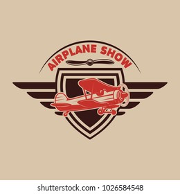 Aviation training center emblem template with retro airplane. Design element for logo, label, emblem, sign. Vector illustration