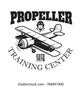 Aviation training center emblem template with retro airplane. Design element for logo, label, emblem, sign. Vector illustration