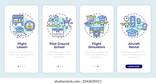 Entrenamiento de aviación incorporando la pantalla del App móvil. Instrucciones gráficas editables de 4 pasos con conceptos lineales. PLANTILLA UI, UX, GUI