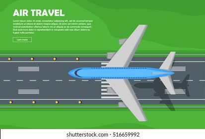 Aviation Travel Vector Illustration Of Airplane. Plane, Airport, Runway, Takeoff, Grass, Marking, Lights. Vector Informative Poster, Banner Illustration. For Airport Hall Or Website About Airplanes