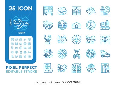 Aviation two color line icons set. Air travel. Aviation technology. Travel services. Airport operations. Bicolor outline iconset isolated. Duotone pictograms thin linear. Editable stroke